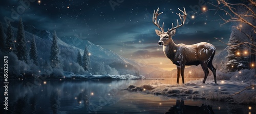 Christmas winter landscape with snow drifts, mountain village, deer, forest, pines, reindeer. Holiday nature background with fox, hills, houses.