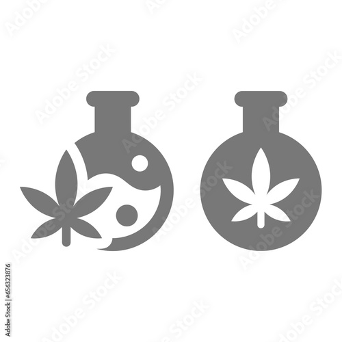 Cannabis leaf and test tube or laboratory glassware. Medical marijuana vector icon.