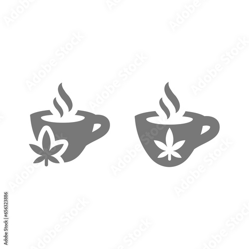 Cannabis leaf and tea cup or mug, coffee shop. Marijuana hot teacup vector icon.