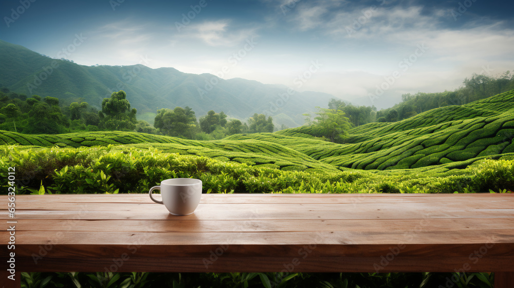 Empty wooden table top board with tea coffee mug and tea plantation rays on the background. Organic green agriculture hills copy space banner - obrazy, fototapety, plakaty 