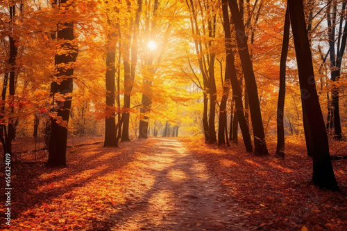 Beautiful forest filled with deciduous trees with sunlight. Fall season background