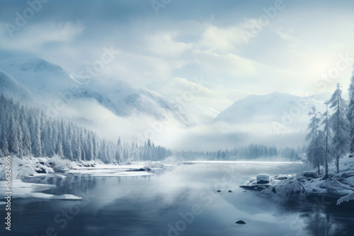 A serene winter landscape with snow-covered trees, hills and a frozen lake. winter background. Generative AI
