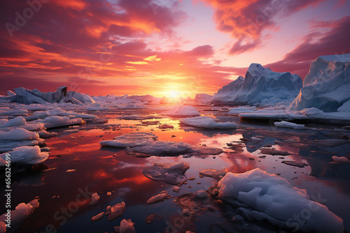 Photo of a stunning sunset over the icy waters of the ocean