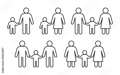 Type of family with child, line icon. Kid with father, mother, parents. Hetero and homo family, lgbt. Vector illustration