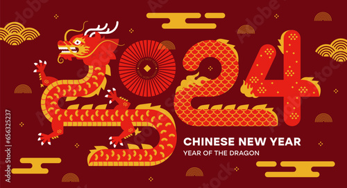 Chinese New Year 2024, Year of the Dragon. Lunar new year banner with traditional Chinese Dragon. Background with asian gold elements. Zodiac sign