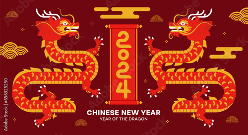 Chinese New Year 2024, Year of the Dragon. Lunar new year banner with traditional Chinese Dragon. Background with asian gold elements. Zodiac sign