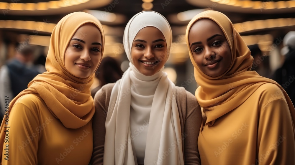 Smiling happy Arab Asian Muslim woman in yellow hijab clothes.