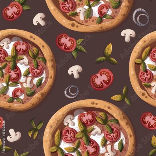 Seamless pattern with Pizza Margherita with tomatos and mozzarella. Italian cuisine, healthy food, cooking, restaurant menu, eating, recipes concept. Vector illustration