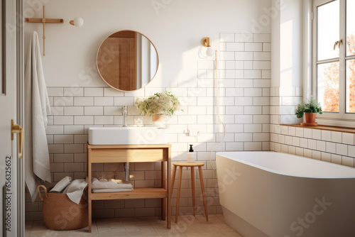 Bright and airy bath room interior background. Minimalist Scandinavian room with natural light background. Generative AI