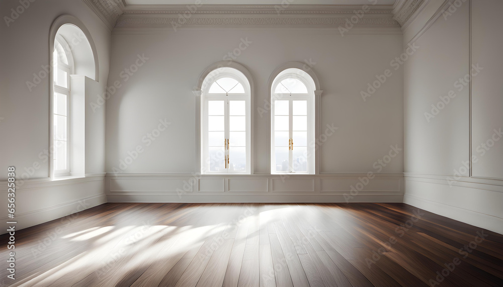 A large, empty room with a wooden floor, white walls, and large windows that let in bright natural light. A large, empty room with a wooden floor, white walls, and large windows that let in bright natural light.