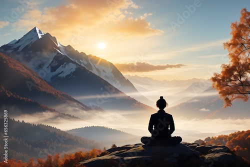 Serene silhouette meditating on tranquil autumn mountain ocean