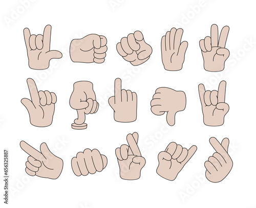 Set of Cartoon comic hands gestures with different signs and symbols. Gesturing human arms in doodle style. Hands poses. Vector illustration