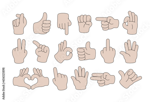 Set of Cartoon comic hands gestures with different signs and symbols. Gesturing human arms in doodle style. Hands poses. Vector illustration