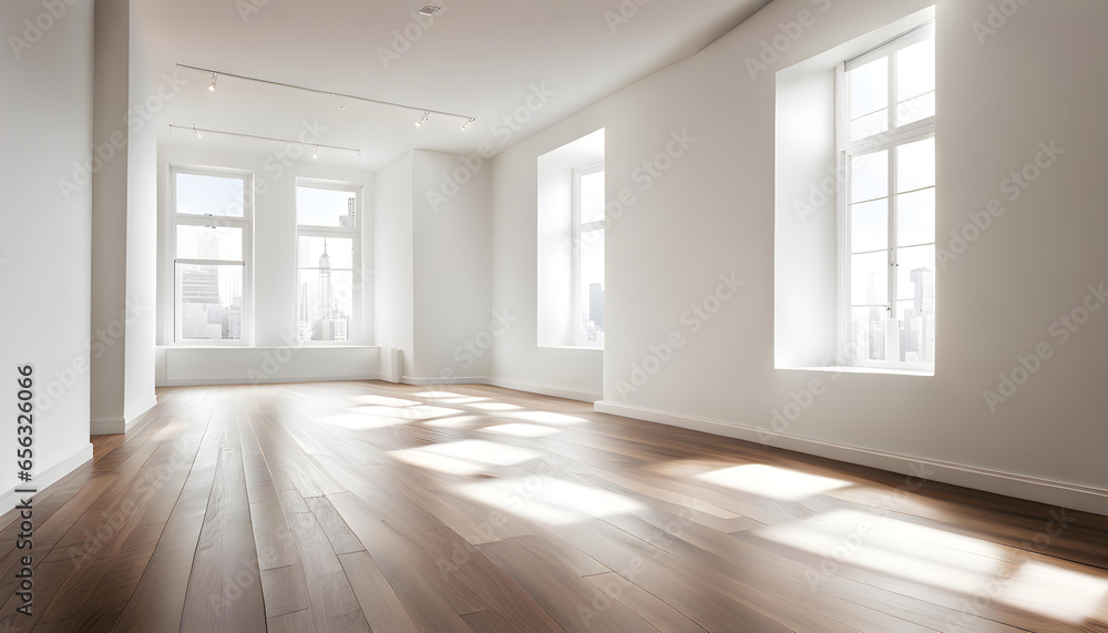 A large, empty room with a wooden floor, white walls, and large windows that let in bright natural light. A large, empty room with a wooden floor, white walls, and large windows that let in bright natural light.
