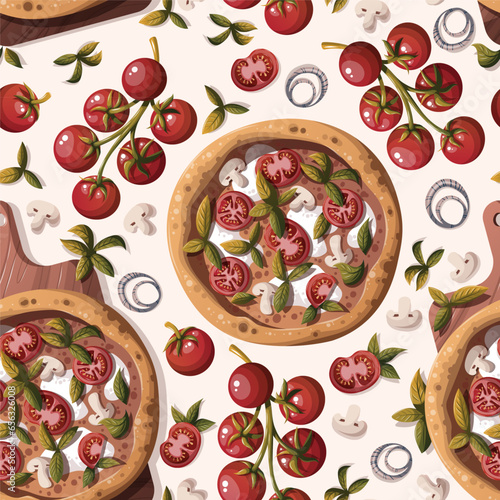 Seamless pattern with Pizza Margherita with tomatos and mozzarella. Italian cuisine, healthy food, cooking, restaurant menu, eating, recipes concept. Vector illustration