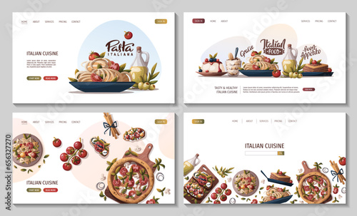 Set of Web pages with Italian pizza, pasta, bruschetta, lasagna, olive oil, tiramisu. Italian food, healthy eating, cooking, recipes, restaurant menu concept. Vector illustration for banner, website.