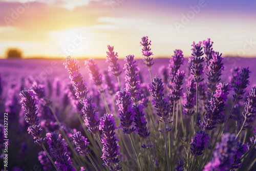 Nature lighting of stunning lavender field in background of beautiful sky and landscape. Superb view concept of flowers and plants. © cwa