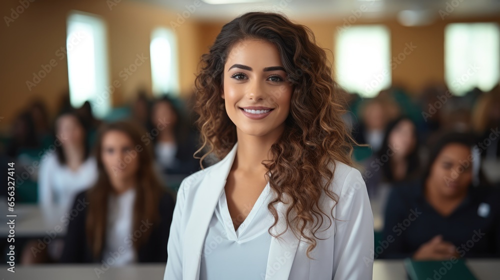 Confident female doctor standing front row in medical seminar room background. - obrazy, fototapety, plakaty 