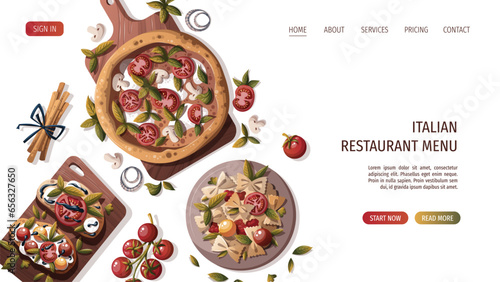 Italian pizza, pasta, bruschetta. Italian food, healthy eating, cooking, recipes, restaurant menu concept. Vector illustration for banner, website, poster.