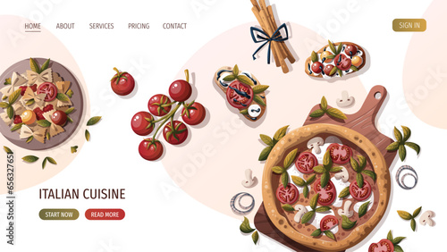 Web page with Italian pizza, pasta, bruschetta, grissini. Italian food, healthy eating, cooking, recipes, restaurant menu concept. Vector illustration for banner, website, poster.