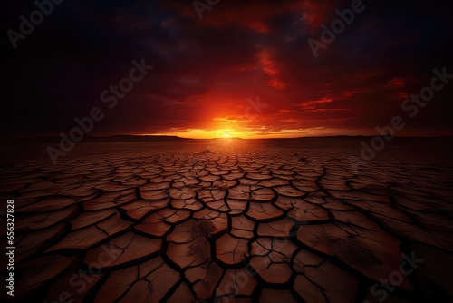 Global warming, earth cracked by heat, climate change, under red sky with blazing sun,, climate fugitive crisis