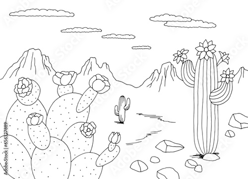Cactus bloom in the desert landscape sketch illustration vector