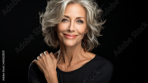 Close up image of happy good looking elegant senior woman smiling broadly at camera posing on the black wall. 

