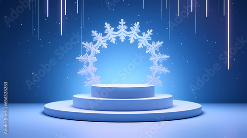 Christmas 3d podium with neon lights decor with snowflake isolated on light blue studio winter background photo