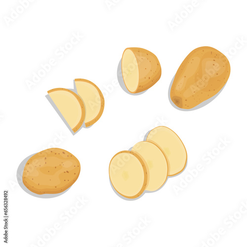 Vector illustration single and group of brown potato in flat style. Root vegetable organic product. Agriculture food healty nature. Whole and sliced with green leaves, peel and cut
