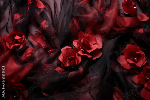 Dark elegant wallpaper made of red and black tulle fabric with vibrant red flowers. Aesthetic fashion, passion and love background. Generative AI.