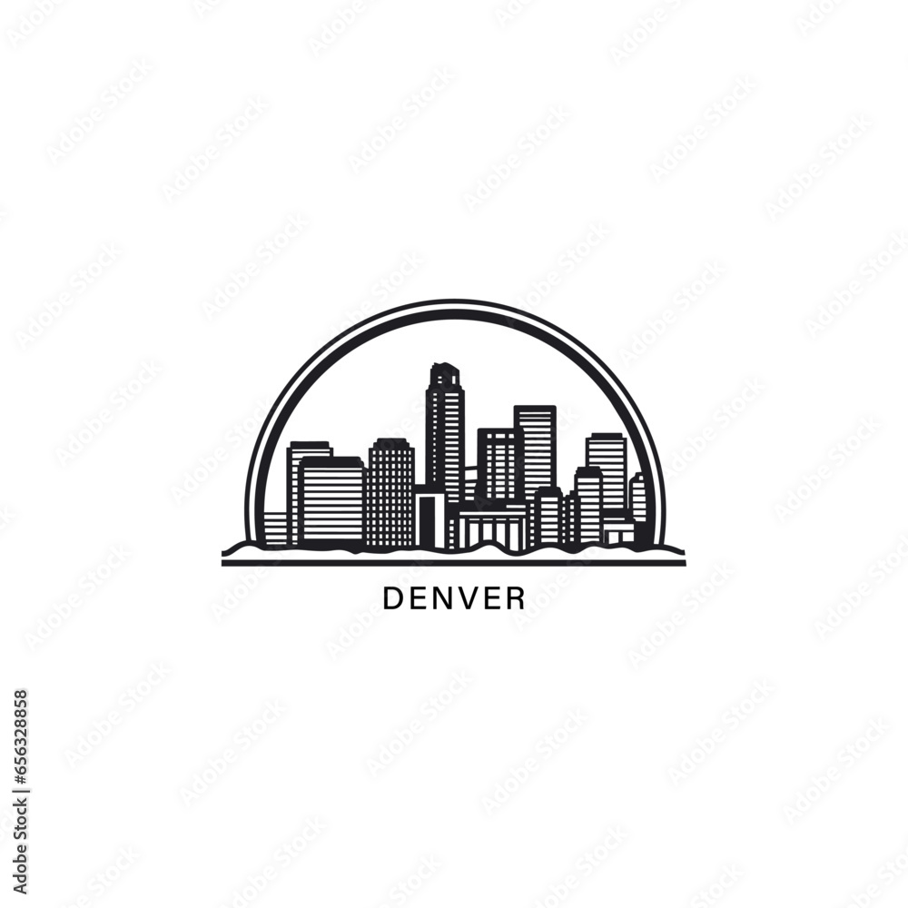 Denver US Colorado cityscape skyline city panorama vector flat modern logo icon. USA, state of America emblem idea with landmarks and building silhouettes. Isolated thin line graphic