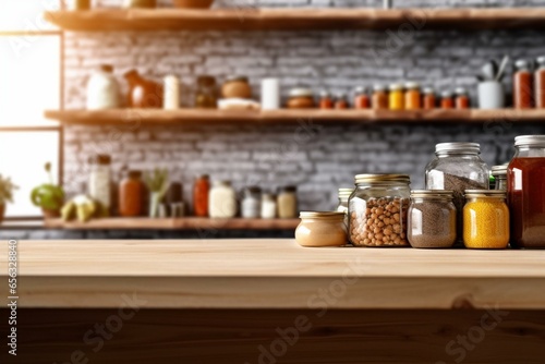 Tabletop with empty wood shelf, blurred background of groceries, space to write. Generative AI