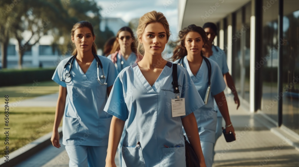 Medical students wearing scrubs walking together after class in university at a hospital. Medical students wearing scrubs walking together after class in university at a hospital.