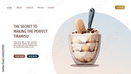 Tiramisu in a glass cup, Italian dessert with savoiardi and mascarpone cream. Italian cuisine, sweet food, bakery, cooking, recipes, restaurant menu concept. Vector illustration for banner, website.