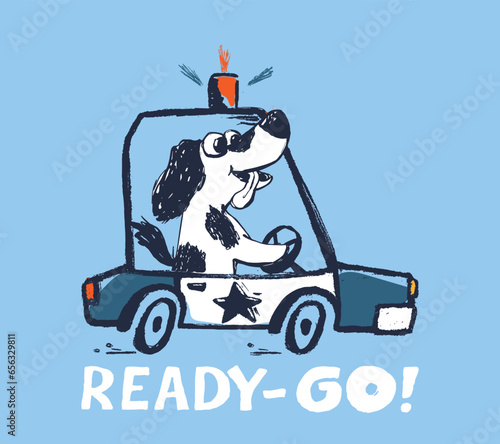 Dog police car funny cool summer t-shirt print design. Puppy drive speed auto. Slogan. Policeman animal