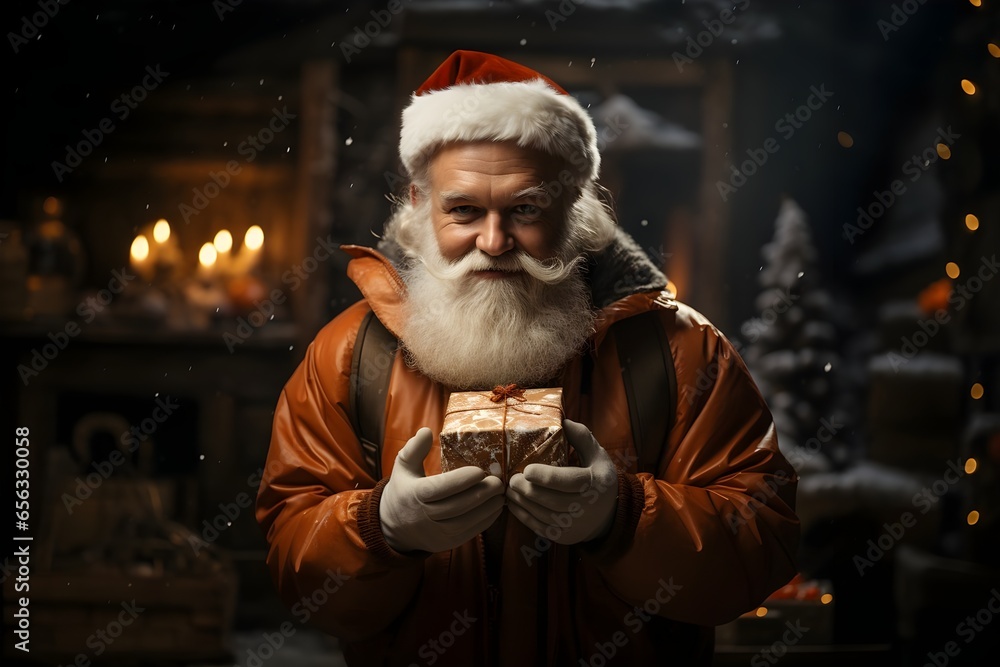 Whimsical Santa Claus Offering a Gift in a Snowy Cabin Setting. generative ai