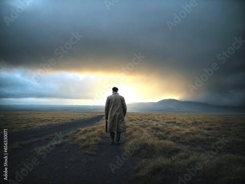 A man walking in a field alone photo