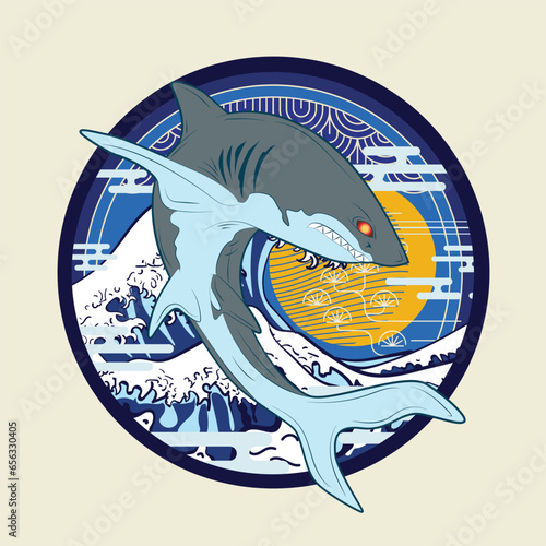 shark illustration design for sukajan is mean japan traditional cloth or t-shirt with digital hand drawn Embroidery Men T-shirts Summer Casual Short Sleeve Hip Hop T Shirt Streetwear