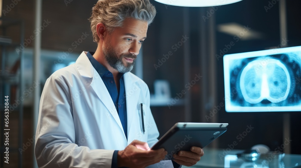 Neurology doctor planning surgery in office, Using digital tablet results and patient data on tech for expert consultation, Cancer. Neurology doctor planning surgery in office, Using digital tablet results and patient data on tech for expert consultation, Cancer.