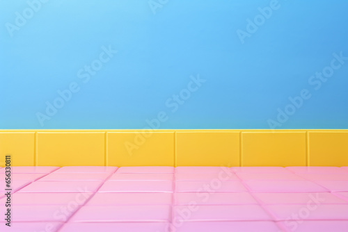 Abstract post-minimalist composition in pastel pink, blue and yellow.