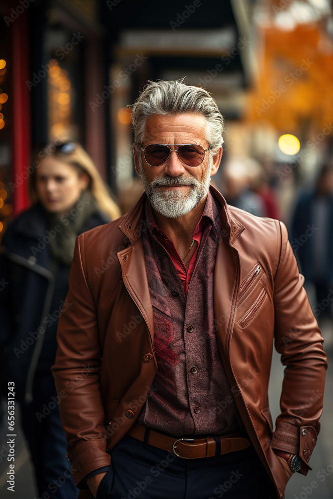 Photo of a man walking down the street in a formal attire Photo of a man walking down the street in a formal attire