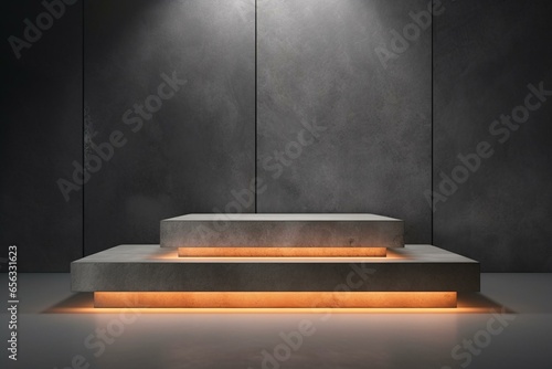 3D rendering of product display podium with illuminated light beam on textured cement background. Generative AI