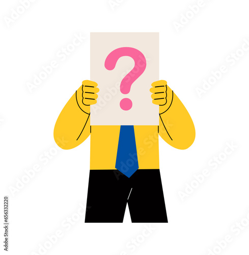 Business man stand  and cover faces with paper with question mark for recruitment business concept. Flat vector illustration isolated on white background