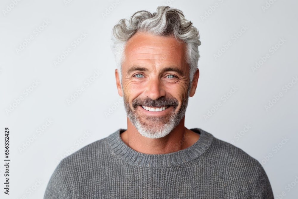 Portrait of a handsome mature man smiling at camera isolated on a white background - obrazy, fototapety, plakaty 