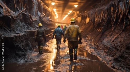Group of workers are walking through a tunnel at a mining site  Industry concept.