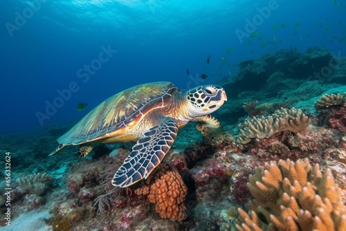 Stunning sea turtle exploring vibrant coral reefs. Generative AI © Mendel