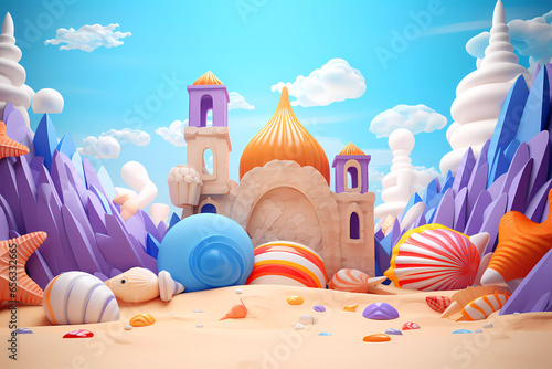 A colorful sandcastle scene with bold primary colors with bright blue sky and warm sun lighting, sand beach scene. Empty space for summer kids or baby products banner and advertising 