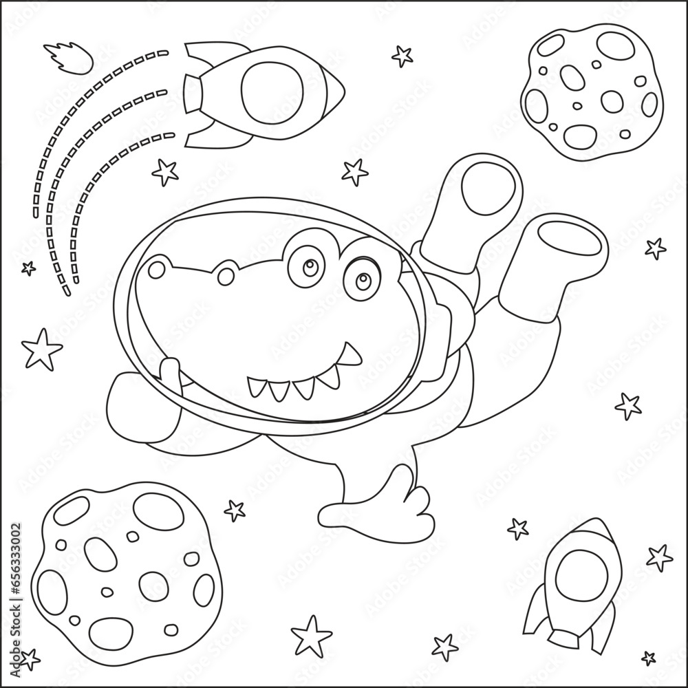 Fototapeta Vector illustration of cute crocodile Astronaut Floating In Space. Cartoon isolated vector illustration, Creative vector Childish design for kids activity colouring book or page.