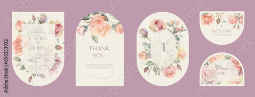 Wedding arch Invitation Card Design with watercolor garden roses.