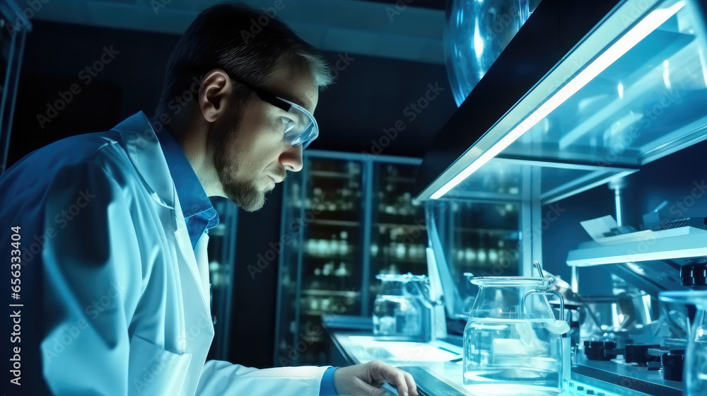 A researcher work meticulously on pharmaceutical inside a pharmaceutical manufacturing facility.